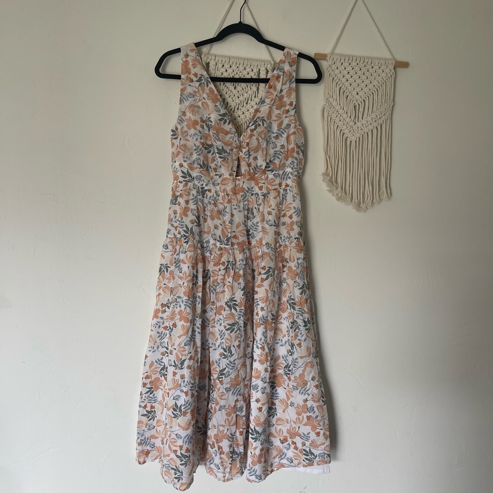 Joie White Floral Midi Dress with Peach and Sage Print